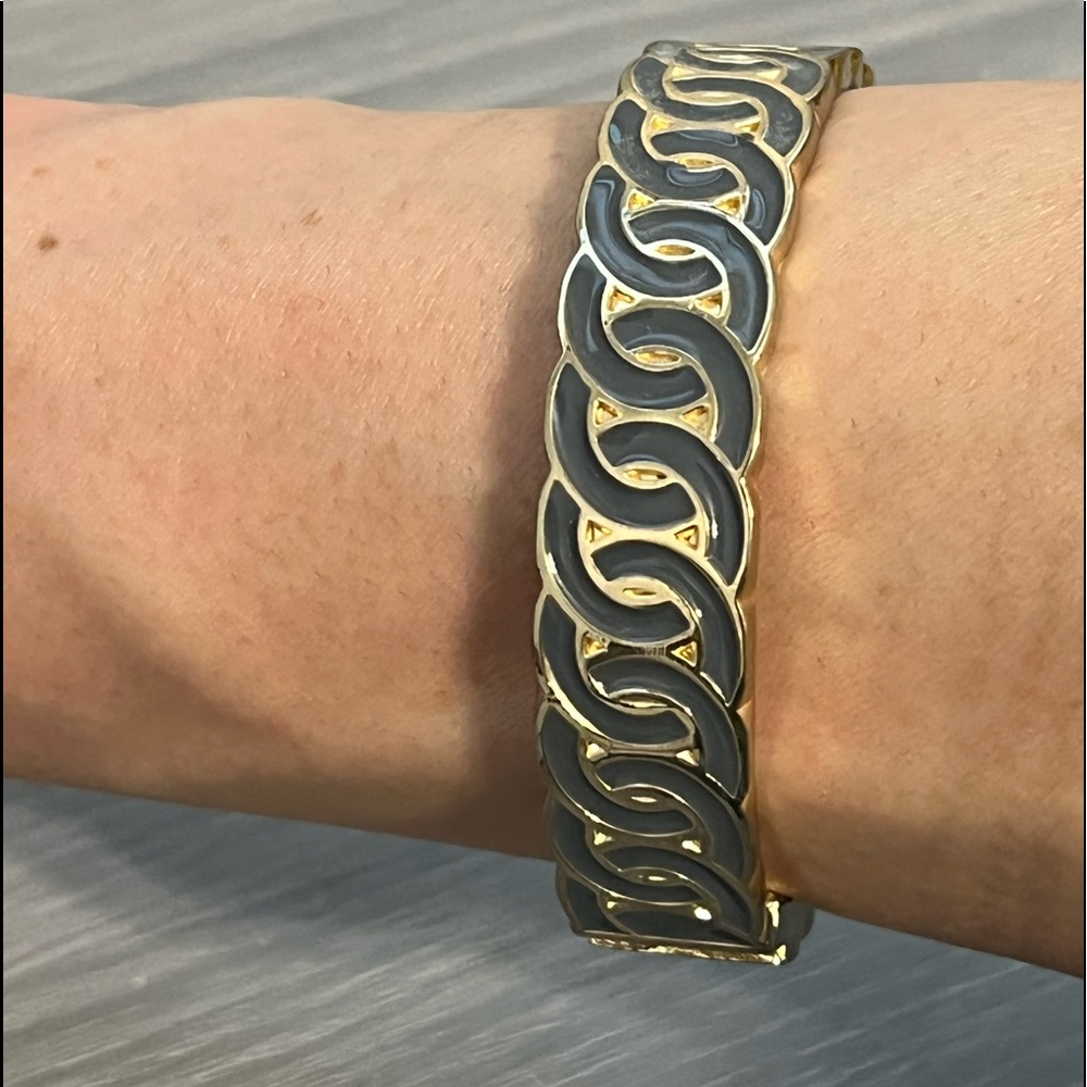 Vintage Gold and Gray Enamel Hinged Bangle Bracelet with Circular Pattern